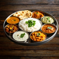 Vegetarisches Thali mit verschiedenen Currys, Reis, Naan und Beilagen – serviert bei India4U Bern